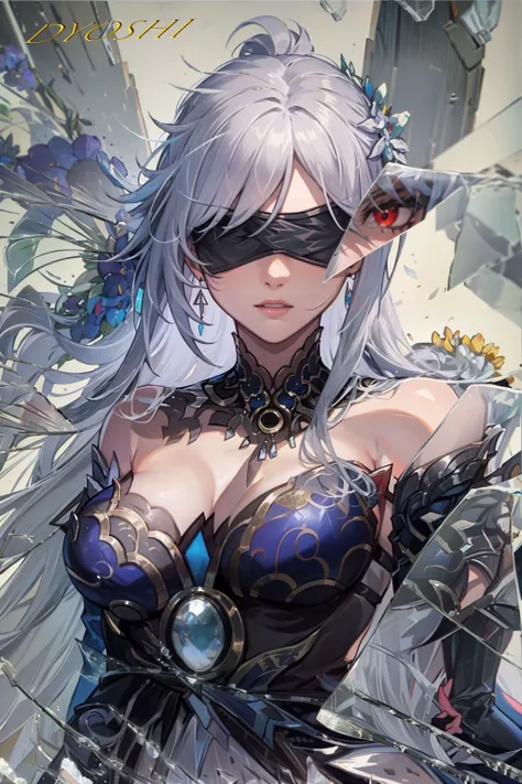 HDR,UHD,8K,best quality,masterpiece,1girl,mature female,large breasts,model,slender,tall,<lora:GoodHands-beta2:1>,<lora:age_slider_v2:2>,ed eyes,blue dress,detached sleeves,white skirt,pelvic curtain,halterneck,earrings,jewelry,black gloves,knee boots,blindfold,silver hair,<lora:Char-HonkaiSR-Jingliu:0.8>,jingliu \(honkai: star rail\),<lora:BrokenGlass:0.8>, IncrsBrknGls,broken glass,reflection,