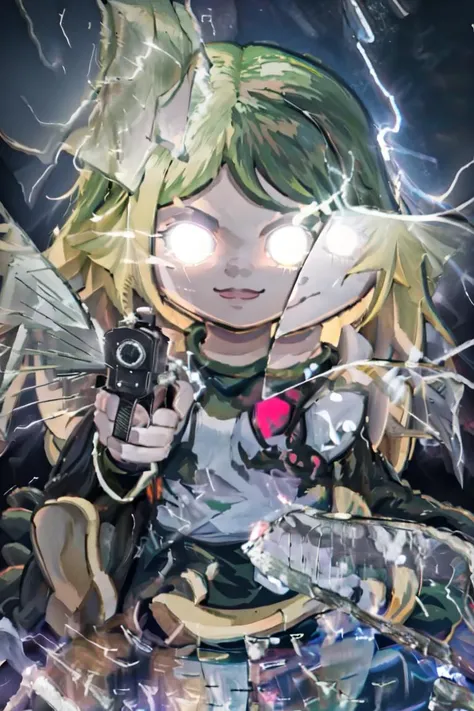 masterpiece, best quality, absurdres, 1girl, solo, IncrsLowTier, electricity, glowing eyes, <lora:LowTierMeme:1>, <lora:style_walfie-20:1.1>, chibi, green hair, smile, <lora:pointinggun:1.0> gunatyou, gun, aiming at viewer, holding gun, <lora:BrokenGlass:1.0>, IncrsBrknGls, broken glass, reflection