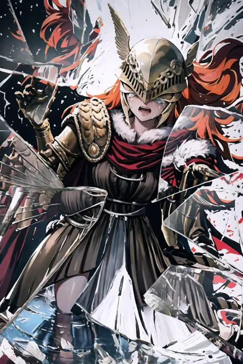 High Quality, Masterpiece, IncrsBrknGls, broken glass, reflection, <lora:BrokenGlass:1>, single mechanical arm, prosthesis, MaleniaDef, armor, cape, helmet, brown dress, <lora:Char_EldenRing_Malenia:1>, crying, tears,