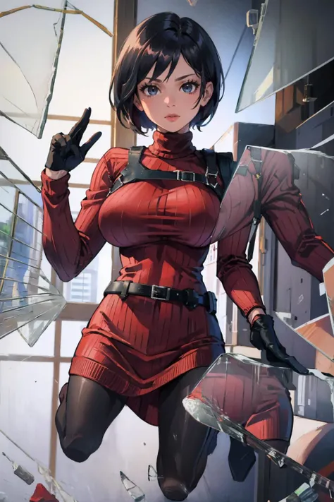 masterpiece, best quality, <lora:adawong-re-richy-v1:1> adasweater, red sweater, turtleneck, harness, pantyhose, black gloves, belt, large breasts, knees up, (jumping:1.5), window, <lora:BrokenGlass:0.8> IncrsBrknGls, broken glass, reflection
