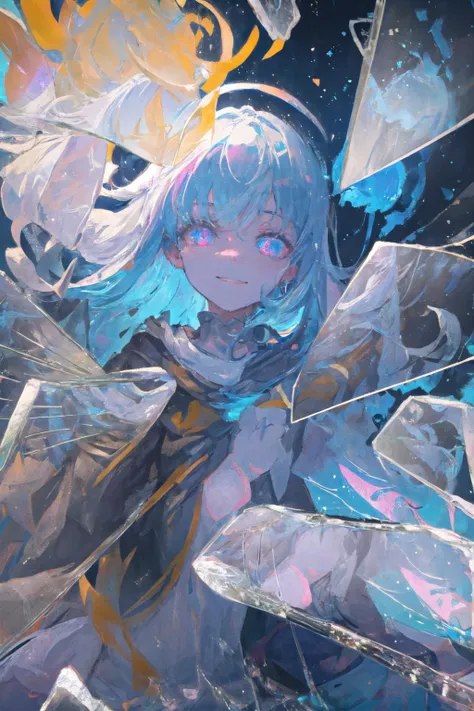 <lora:BrokenGlass:0.9>, IncrsBrknGls, broken glass, reflection, light smile, 1girl, refraction, water, glowing, glowing eyes, floating hair,