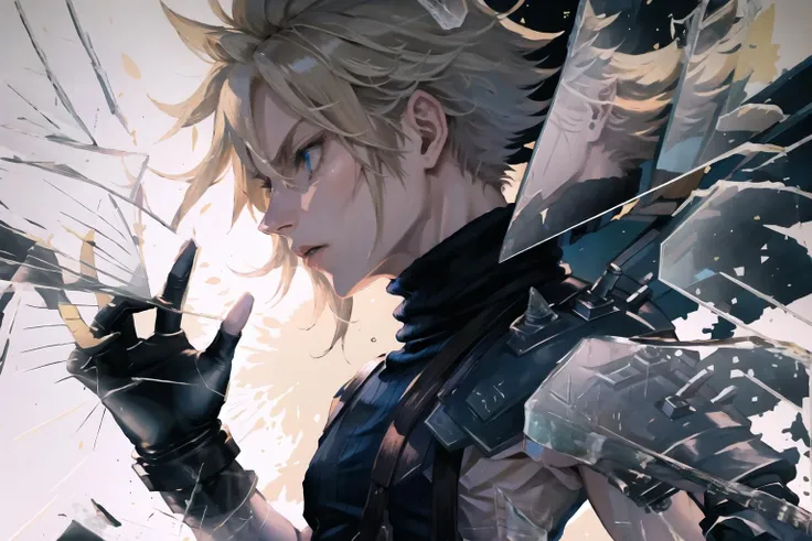 High Quality, Masterpiece, IncrsBrknGls, broken glass, reflection, <lora:BrokenGlass:1>, cloud strife, shoulder armor, sleeveless turtleneck, suspenders, belt, gloves, bracer, <lora:Char_FF7Remake_CloudStrife:0.9>, solo, 1boy, from side,