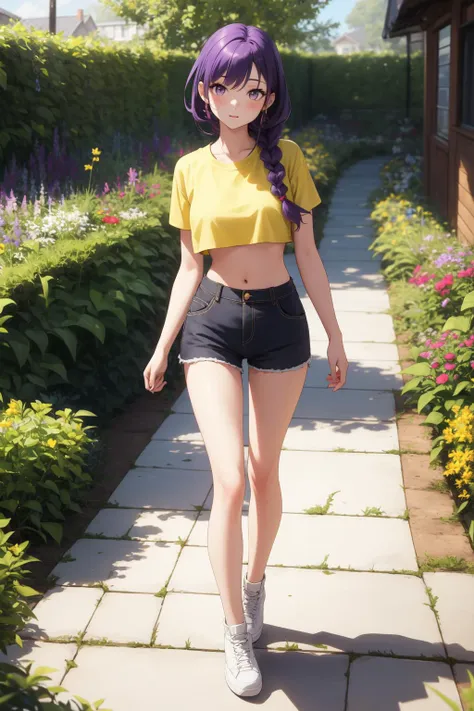 (masterpiece, best quality:1.2), 1girl, purple hair, braids, shorts, yellow crop top, walking, lush garden