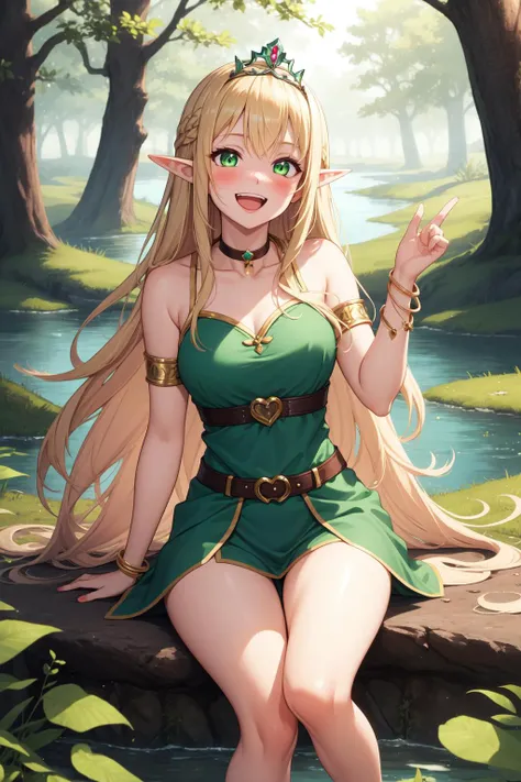 ((masterpiece)), ((highest quality)), ((High resolution)), ((High-definition CG synthesis 8K wallpaper)), ((On the branches of a tree in a deep forest:1.3)), ((Elf Female Cartoon Character, Pointed elven ears, Wavy blonde hair, Green Eyes, Bare Skin:1.2)), Cowboy Shot, Skin is moisturized and radiant, She wears a flowing mini dress and gold-embellished leather armor.., Long leather boots, ((Tilt your head, View from the front:1.2)), ((Squat with your legs apart)), 