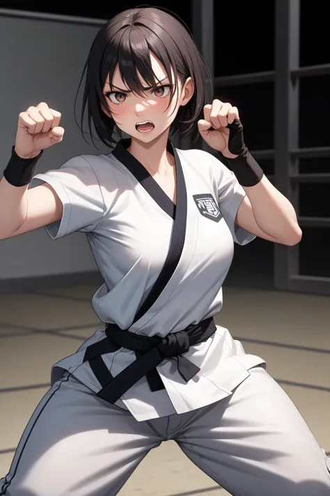 (masterpiece, best quality:1.2), 1girl, judo clothes, fighting stance, angry, open mouth, teeth