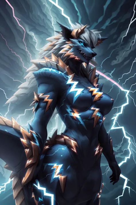 LightningPunkAI <lora:LightningPunkAI:0.5>, (female:1.4),nude, zinogre <lora:ZinogreFRL22nO2:0.9> <lora:add_detail:0.5>