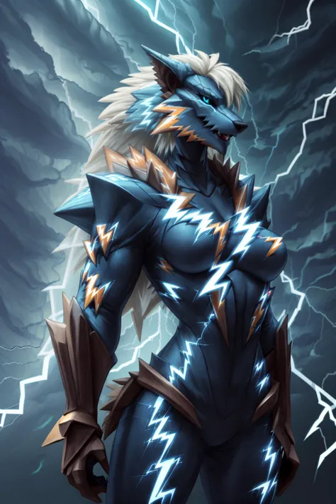 LightningPunkAI <lora:LightningPunkAI:0.5>, (female:1.4),nude, zinogre <lora:ZinogreFRL22nO2:0.9> <lora:add_detail:0.5>