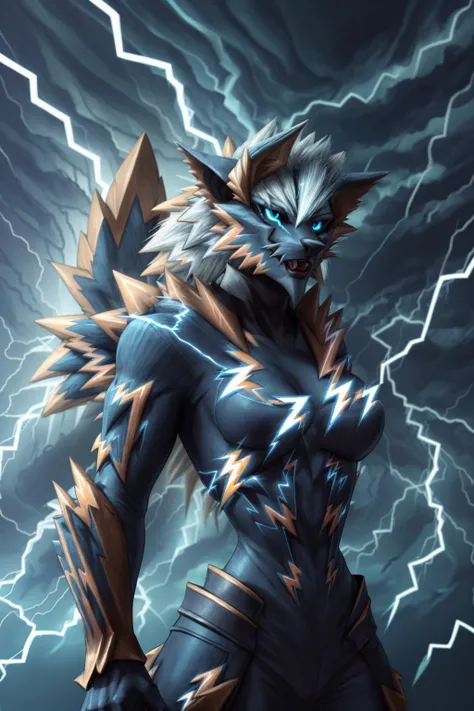 LightningPunkAI <lora:LightningPunkAI:0.5>, (female:1.4),nude, zinogre <lora:ZinogreFRL22nO2:0.9> <lora:add_detail:0.5>