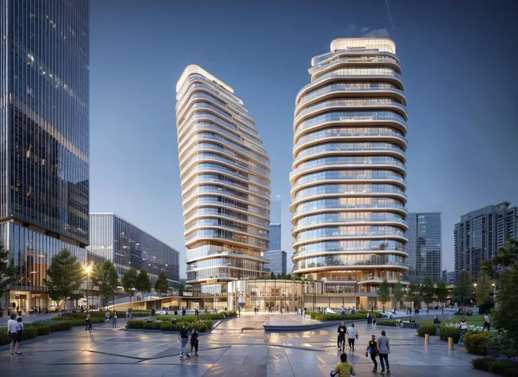 JZCG029, an office tower is located in the city center, with a commercial complex downstairs and a park next to it, (masterpiece:1.3), (best quality:1.3), (high resolution:1.2), (high detail:1.2),
