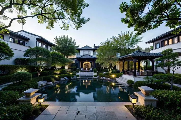 masterpiece, best quality, yuanlin, suzhou garden, traditional chinese garden, zutuan, yuanlin, scenery, tree, ((water pond)), dark theme, high contrast, outdoors, flower, bush, lantern, stairs, plant, road, nature, stone lantern, architecture, path, sky, <lora:SuzhouGarden:0.4>