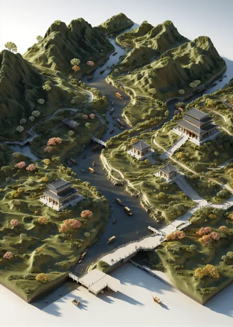 3D rendering effect,Jade stone,Architecture,Chinese style,Ancient Chinese architecture,Courtyard,Pavilion,Bridge,Rock,Mountain,Rivers,Golden color,Pine,Mountains and rivers,Peach blossom,Shrub,Miniature landscape,3D,Depth of field,masterpiece,best quality,highly detailed,Amazing,finely detail,extremely detailed CG unity 8k wallpaper,score:>=60,incredibly absurdres,wallpaper,realistic,real,photo,landscape,foreshortening,minimap,<lora:MiniMap-LORA_604517072118071621_minimap:1>,