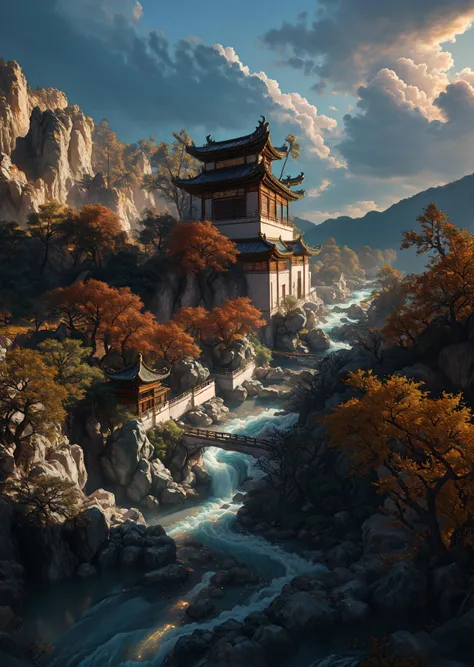 <lora:shanshui-v1.0.safetensors_v1.0:0.6>,shanshui,3D rendering effect,Jade stone,Architecture,Chinese style,Ancient Chinese architecture,Courtyard,Pavilion,Bridge,Rock,Mountain,Rivers,Golden color,Pine,Mountains and rivers,Peach blossom,Shrub,Miniature landscape,A white wall,Black tiles,The blue sky and white clouds,Sunny,3D,Depth of field,, masterpiece,best quality,highly detailed,Amazing,finely detail,extremely detailed CG unity 8k wallpaper,score:>=60,, incredibly absurdres,wallpaper,realistic,real,photo,landscape,foreshortening,