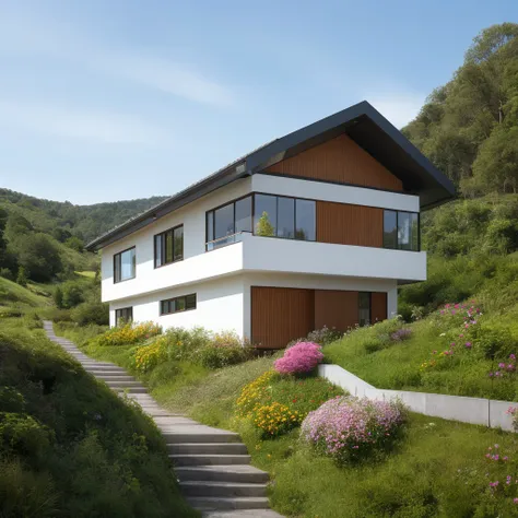 a small and beautiful modern house on a slope of a green hill, the hill has millions of tiny colorful wild flowers, blue sky as background, high details, masterpiece, highres, best quality, photo realistic, hyper detailed photo, LAOWANG