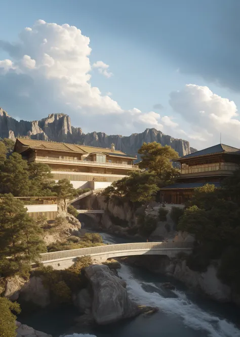 <lora:shanshui-v1.0.safetensors_v1.0:0.6>,shanshui,3D rendering effect,Jade stone,Architecture,Chinese style,Ancient Chinese architecture,Courtyard,Pavilion,Bridge,Rock,Mountain,Rivers,Golden color,Pine,Mountains and rivers,Peach blossom,Shrub,Miniature landscape,A white wall,Black tiles,The blue sky and white clouds,Sunny,3D,Depth of field,, masterpiece,best quality,highly detailed,Amazing,finely detail,extremely detailed CG unity 8k wallpaper,score:>=60,, incredibly absurdres,wallpaper,realistic,real,photo,landscape,foreshortening,