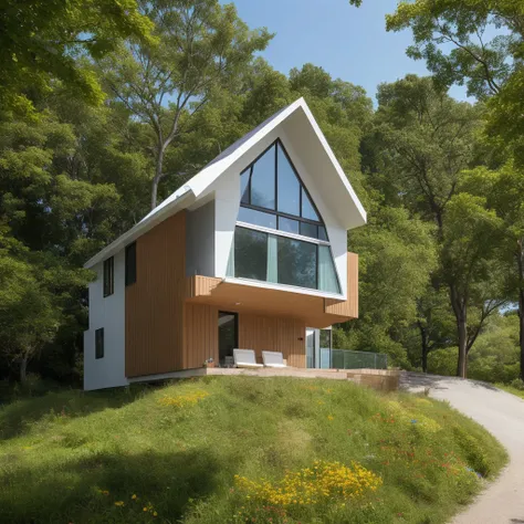 a small and beautiful modern house on a slope of a green hill, the hill has millions of tiny colorful wild flowers, blue sky as background, high details, masterpiece, highres, best quality, photo realistic, hyper detailed photo, LAOWANG