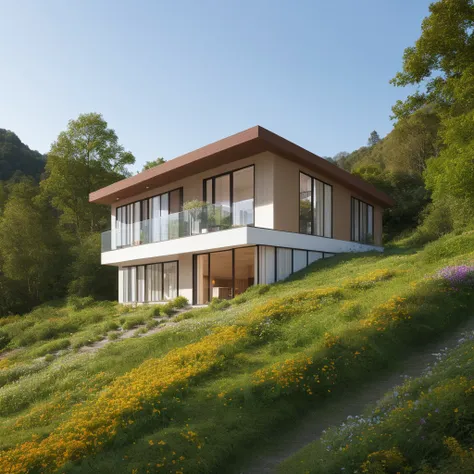 a small and beautiful modern house on a slope of a green hill, the hill has millions of tiny colorful wild flowers, blue sky as background, high details, masterpiece, highres, best quality, photo realistic, hyper detailed photo, LAOWANG