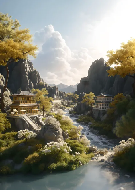 3D rendering effect,Jade stone,Architecture,Chinese style,Ancient Chinese architecture,Courtyard,Pavilion,Bridge,Rock,Mountain,Rivers,Golden color,Pine,Mountains and rivers,Peach blossom,Shrub,Miniature landscape,3D,Depth of field,<lora:shanshui-v1.0.safetensors_v1.0:0.6>,<lora:è¿·ä½ ä¸çV1_v1:0.4>,, masterpiece,best quality,highly detailed,Amazing,finely detail,extremely detailed CG unity 8k wallpaper,score:>=60,, incredibly absurdres,wallpaper,realistic,real,photo,landscape,foreshortening,