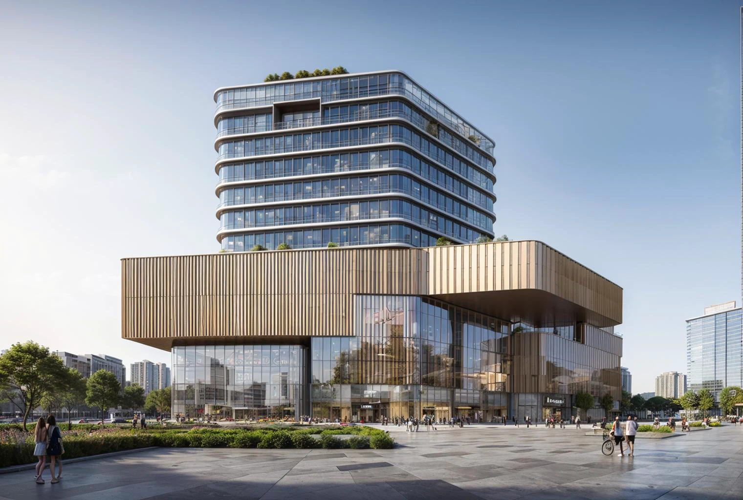 JZCG029, an office tower is located in the city center, with a commercial complex downstairs and a park next to it, (masterpiece:1.3), (best quality:1.3), (high resolution:1.2), (high detail:1.2),