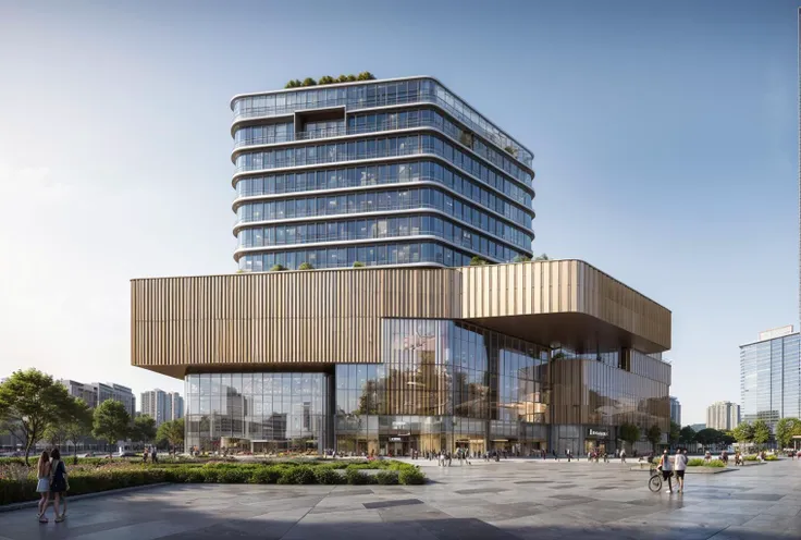 JZCG029,  an office tower is located in the city center, with a commercial complex downstairs and a park next to it, (masterpiece:1.3), (best quality:1.3), (high resolution:1.2), (high detail:1.2),