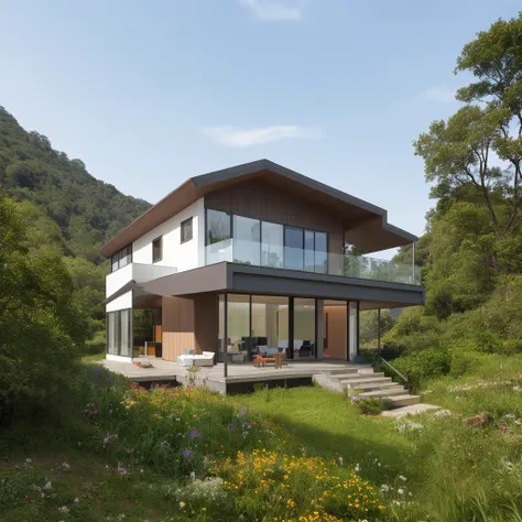 a small and beautiful modern house on a slope of a green hill, the hill has millions of tiny colorful wild flowers, blue sky as background, high details, masterpiece, highres, best quality, photo realistic, hyper detailed photo, LAOWANG