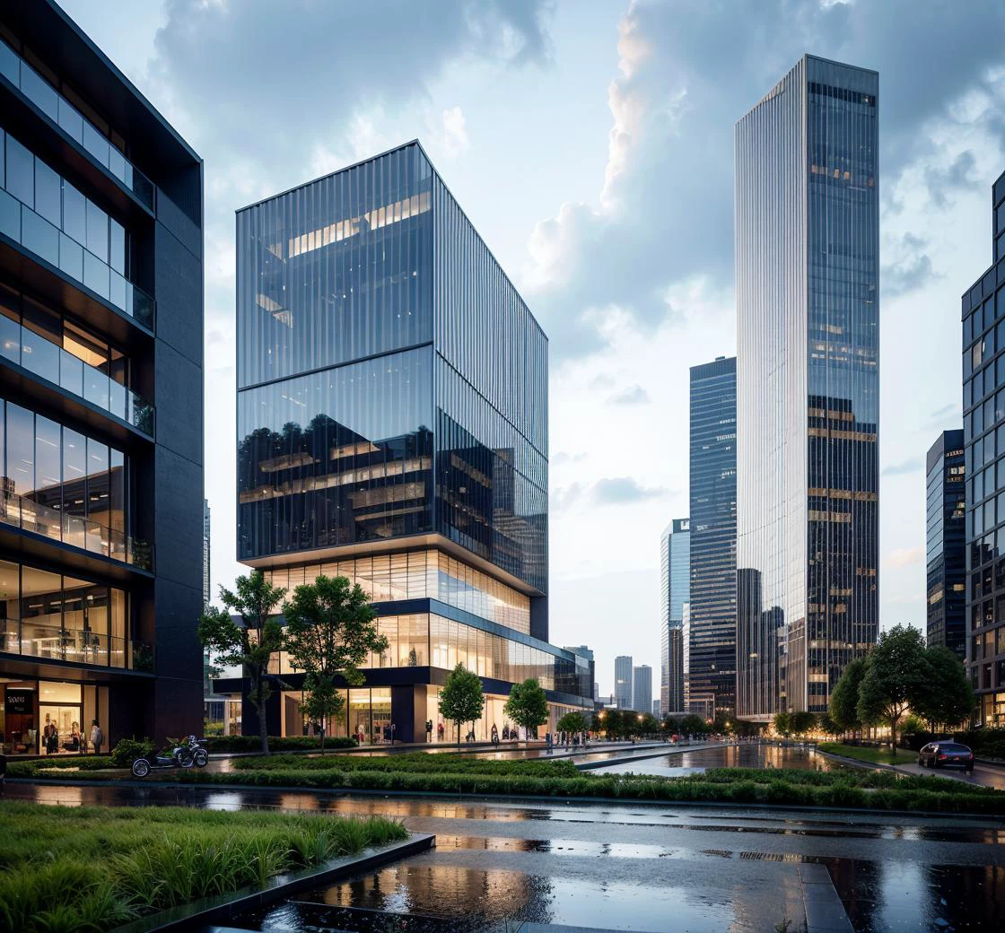 laowang,landscape with wild grass foreground, building ,Commercial,terrace,reflection,rainny,rain, humidity,((masterpiece)), (cyberpunk1.3),high las ((best quality:1.4)),(ultra-high resolution:1.2),(realistic:1.4),(8k:1.2),nsanely detailed,buildings,architecture,interior light,landscape, art artarchitecture