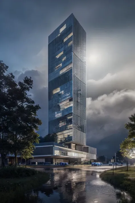 laowang a futuristic skyscraper building in the middle of a red lake landscape with a cross on it's side and a sun shining through the fog, wet ground (8k, RAW photo, best quality, masterpiece:1.2), (realistic, photo-realistic:1.3) dark theme <lora:LowRA:1> night scene