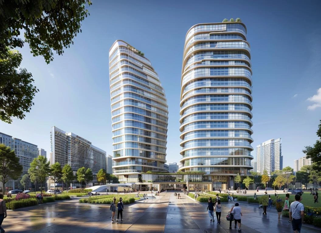 JZCG029, an office tower is located in the city center, with a commercial complex downstairs and a park next to it, (masterpiece:1.3), (best quality:1.3), (high resolution:1.2), (high detail:1.2),