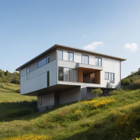 a small and beautiful modern house on a slope of a green hill, the hill has millions of tiny colorful wild flowers, blue sky as background, high details, masterpiece, highres, best quality, photo realistic, hyper detailed photo, LAOWANG