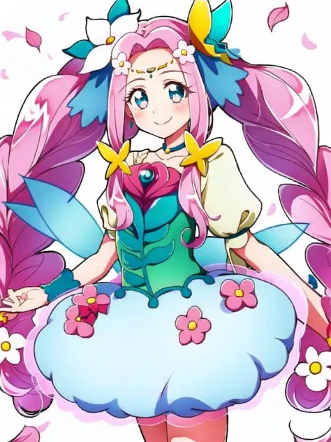 <lora:felice-000012:1>1girl, solo, long hair, looking at viewer, smile, blue eyes, skirt, simple background, hair ornament, white background, dress, twintails, closed mouth, green eyes, pink hair, braid, flower, cowboy shot, choker, hair flower, pink eyes, twin braids, blue skirt, wrist cuffs, petals, magical girl, multicolored eyes, symbol in eye, green choker, dress flower