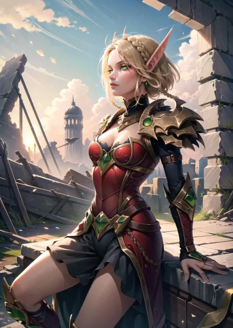 (1girl, colored inner hair very short hair low twin braids, green eyes, , drunk) (digital) ( in detailed ruins, (Lace)) , best quality, <lora:boldline:0.2> <lora:hairdetailer:0.2> blonde hair, green eyes, armor, bloodelf, <lora:bloodelf:1>