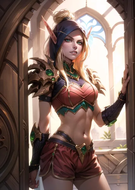 (1girl, two-tone hair big hair low-tied long hair, spiral eyes, , clenched teeth) (digital) (standing in detailed mosque, (Boxer Shorts)) , best quality, <lora:boldline:0.2> <lora:hairdetailer:0.2> blonde hair, green eyes, armor, bloodelf, <lora:bloodelf:1>