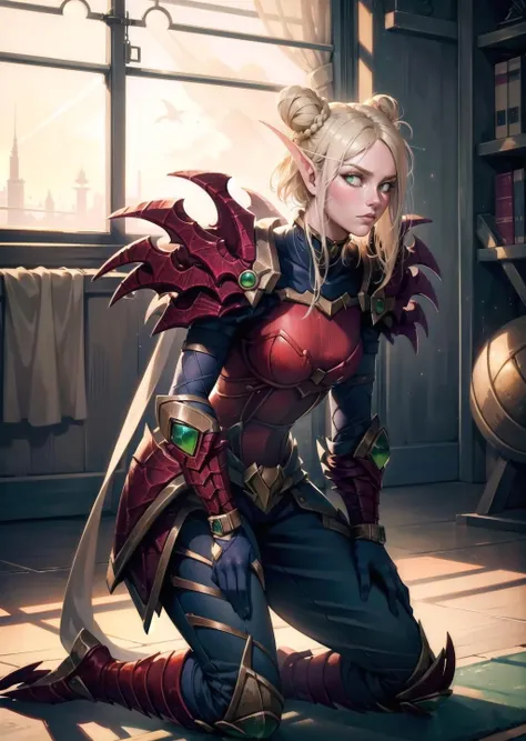 (1girl, colored tips short hair cone hair bun, blind eyes, <lora:eye-lookright_02:1>, sad) (digital) (kneeling in detailed gym, (armor)) , best quality, <lora:boldline:0.2> <lora:hairdetailer:0.2> blonde hair, green eyes, armor, bloodelf, <lora:bloodelf:1>