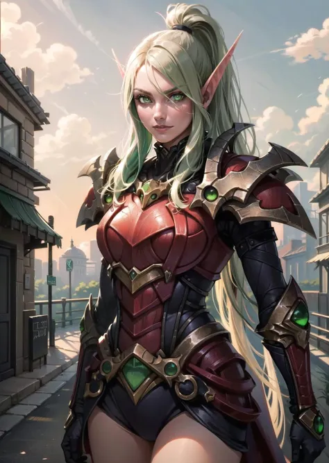 (1girl, light green hair long hair split ponytail, robot eyes, , evil) (digital) ( in detailed road, (armor)) , best quality, <lora:boldline:0.2> <lora:hairdetailer:0.2> blonde hair, green eyes, armor, bloodelf, <lora:bloodelf:1>