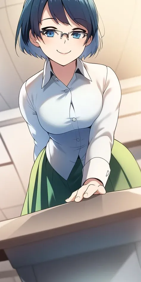 realistic,beautiful, <lora:steampunkEngis_katawashoujo_shizunehakamichi:0.8>, 1woman, solo, bent over, seductive_smile, smug, seductive_eyes, eyes half closed, facing side, short blue hair, (glasses:1.3), blue eyes, teacher, white shirt, green skirt, from below, studio lighting