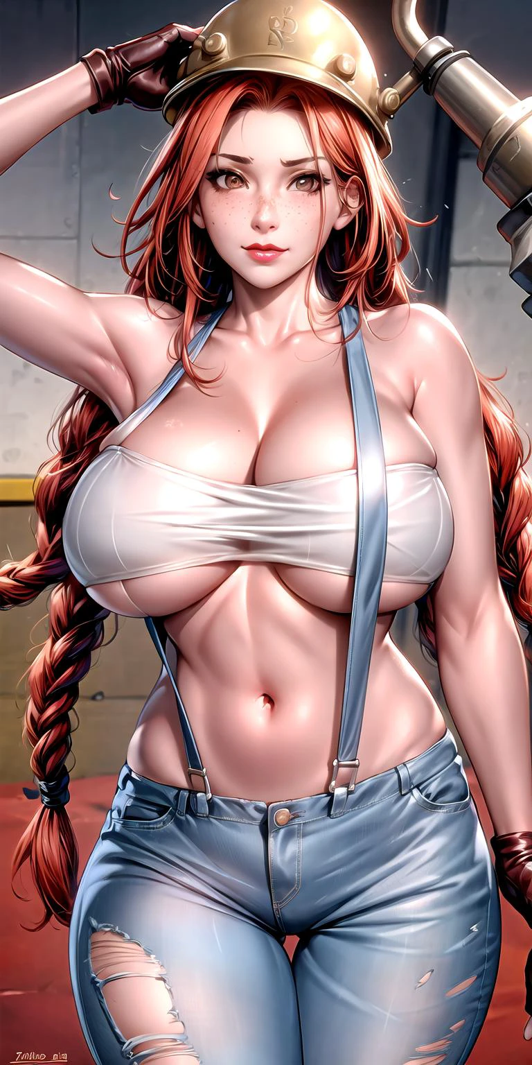 masterpiece:1.5, best quality:1.5, aesthetic, 1girl, sidelocks, cinematic lighting, sharp focus,large breasts , mature female, horny ,16k, glowing eyes, detailed 4k eyes,
playground,seduction,sexy lips, parted lips,detailed lips,reflection in eyes,
red lips, high detailed background,brown eyes, ((big brown eyes)), detailed face,
fiona_zr2,
freckles, braid, twin braids, gloves, helmet, navel, long hair, huge breasts, red hair, underboob, pants, suspenders, cleavage, looking at viewer, fingerless gloves, smile, denim, ((elbow pads)), cowboy shot,mechanic shop, strapless, black gloves, lips, tube top, hardhat, torn pants, closed mouth, jeans,(straps over tube top),(tube top), wrench in hand,
<lora:add_detail:1>
<lora:oil2.0_2-512LORA:0.7>
<lora:Fiona_ZR2:0.65>