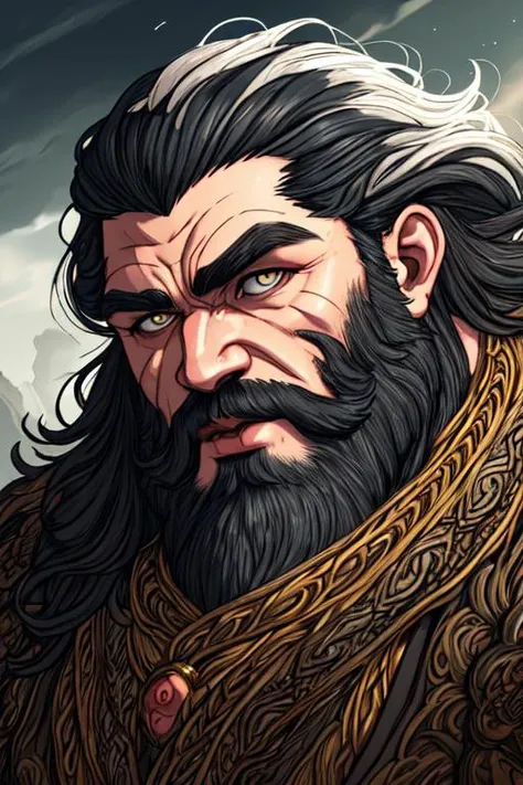 Illustration of Large hill giant with big beard, masterpiece, best quality, Half Body, portrait, 1boy, muscular, bushy sideburns, ((intricate details)), hdr, ((intricate details, hyperdetailed)), cinematic shot, highly detailed eyes, highly detailed mouth, highly detailed face, perfect eyes, glowing white eyes, both eyes are the same, glare, Iridescent, Global Illumination, soft light, dream light, illustration, <lora:Dark_Disciple-03:0.4>