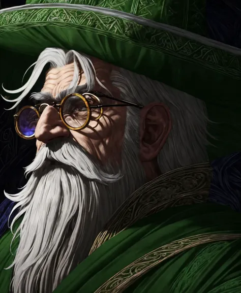 disciples 2, Illustration of archmage with spectacles and tall green wizard hat, white hair, white beard, white mustache, green robes, masterpiece, best quality, Half Body, 1boy, portrait, ((intricate details)), hdr, ((intricate details, hyperdetailed)), cinematic shot, glare, Iridescent, Global Illumination, soft light, dream light, illustration, <lora:Dark_Disciple-03:0.8> <lora:LowRA:0.4> dark theme,