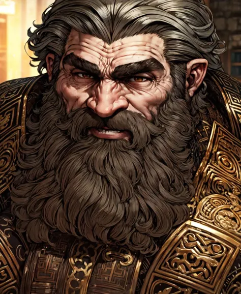 Illustration of Large hill giant with big beard, masterpiece, best quality, Half Body, portrait, 1boy, muscular, bushy sideburns, ((intricate details)), hdr, ((intricate details, hyperdetailed)), cinematic shot, highly detailed eyes, highly detailed mouth, highly detailed face, perfect eyes, glowing white eyes, both eyes are the same, glare, Iridescent, Global Illumination, soft light, dream light, illustration, <lora:Dark_Disciple-03:0.8>