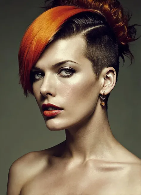portrait of sks woman by Flora Borsi, style by Flora Borsi, bold, bright colours, orange Mohawk haircut, ((Flora Borsi)), <lora:locon_milla_v1_from_v1_64_32:1.3>