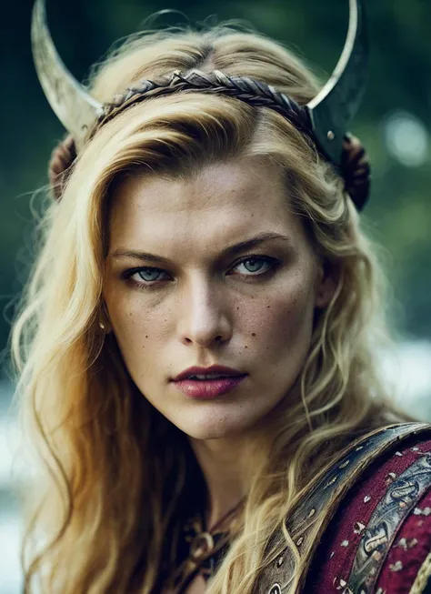 A stunning intricate full color portrait of (35 years old sks woman:1) as (viking warrior), (barbarian),  epic character composition, by ilya kuvshinov, alessio albi, nina masic, sharp focus, natural lighting, subsurface scattering, f2, 35mm, film grain, <lora:locon_milla_v1_from_v1_64_32:1.3>