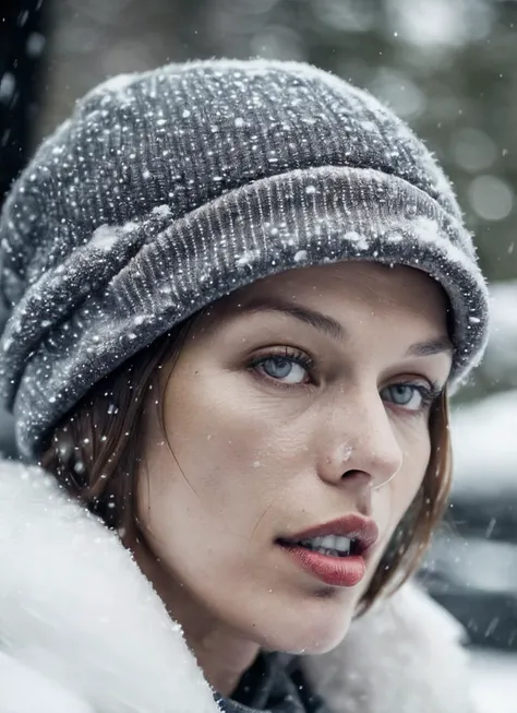RAW photo of a sks woman, sitting in outdoor car ,winter ,snowy , ((wearing cap)), (detailed face), grunge, ((visual kai)),  ((full body)), (high detailed skin:1.2), 8k uhd, dslr, soft lighting, high quality, film grain, Fujifilm XT3, <lora:locon_milla_v1_from_v1_64_32:1.3>