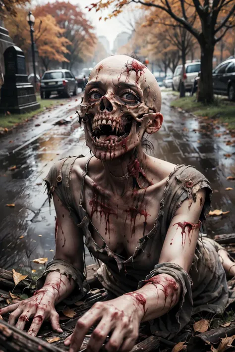 rpgzombie, ripped skin,  blood, blood on clothes, blood on face, white eyes, open mouth, skeletal, <lora:RPGZombie:.9>
woman, bald, wearing a torn dress, white eyes, crawling, on ground, outside, park, trees, autumn, extreme detail, masterpiece, horror,
