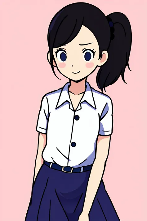 1girl, solo,  simple background,  [(pastel background:1.5)::5], 
portrait, blush, standing, upper body, dynamic pose, medium shot, (drop shadow), 
(rhythm_heaven) <lora:RhythmHeavenTest6:0.7>,, (black ponytail hair:1.3),(white short-sleeves button shirt:1.3), (navy blue plated skirt:1.3), belt, white socks, black shoes, (stu_mplai), <lora:stu_mplai_v3:0.8>