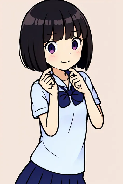 1girl, solo,  simple background,  [(pastel background:1.5)::5], 
portrait, blush, standing, upper body, dynamic pose, medium shot, (drop shadow), 
(rhythm_heaven) <lora:RhythmHeavenTest6:0.7>,,, (black short bob hair:1.3),white short sleeve shirt, navy blue bowtie, long navy blue plated skirt, (stu_mton_public), <lora:stu_mton_public:0.8>