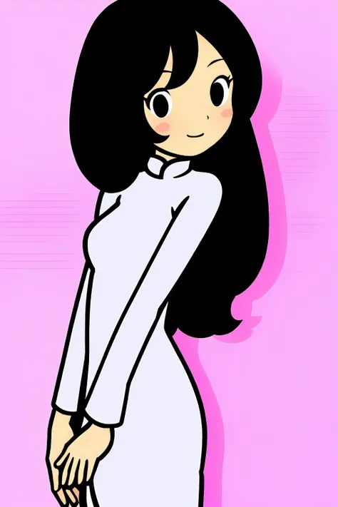 1girl, solo,  simple background,  [(pastel background:1.5)::5], 
portrait, blush, standing, upper body, dynamic pose, medium shot, (drop shadow), 
(rhythm_heaven) <lora:RhythmHeavenTest6:0.7>,, (black long hair:1.3),white long-sleeves satin tight dress, high heel shoes, (stu_vietnam), <lora:stu_vietnam:0.8>