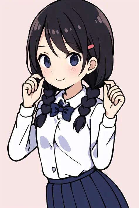 1girl, solo,  simple background,  [(pastel background:1.5)::5], 
portrait, blush, standing, upper body, dynamic pose, medium shot, 
(rhythm_heaven) <lora:RhythmHeavenTest6:0.7>, (black double braids hair:1.3), (white long-sleeves button shirt:1.3), navy blue bowtie ,navy blue pleated skirt, (stu_matare), white sock, black school shoes, <lora:stu_matare:0.8>