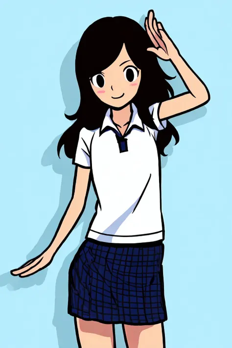 1girl, solo,  simple background,  [(pastel background:1.5)::5], 
portrait, blush, standing, upper body, dynamic pose, medium shot, (drop shadow), 
(rhythm_heaven) <lora:RhythmHeavenTest6:0.7>,,, (black long hair:1.3),white polo shirt with blue collar, skirt, sport shoes , (stu_inter), <lora:stu_inter:0.8>