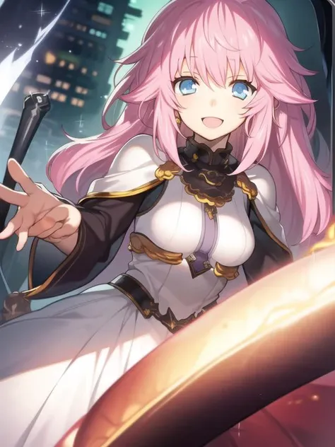 (hyper extreme detailed),(masterpeace),(hyper extreme),(photorealistic),CG,(colour:1.2), beautiful lighting,light from the front, solo,smlie, <lora:sill:1>,sill,pink hair,long hair,blue eyes,white dress,