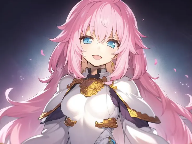 (hyper extreme detailed),(masterpeace),(hyper extreme),(photorealistic),CG,(colour:1.2), beautiful lighting,light from the front, solo,smlie,  <lora:sill:1>,sill,pink hair,long hair,blue eyes,white dress,