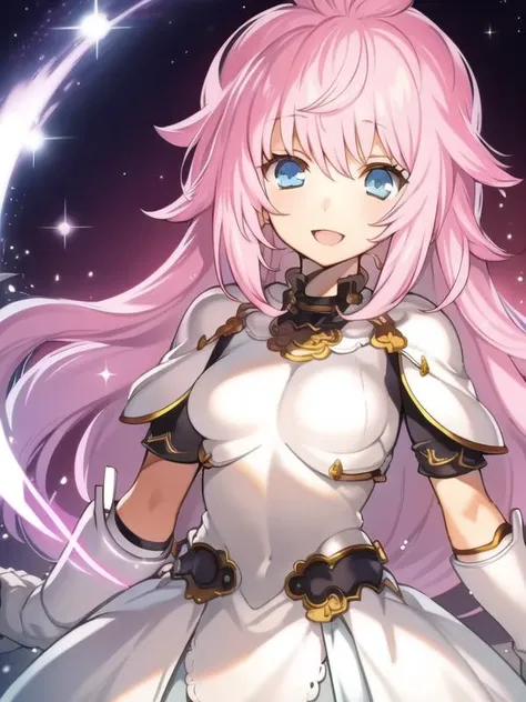 (hyper extreme detailed),(masterpeace),(hyper extreme),(photorealistic),CG,(colour:1.2), beautiful lighting,light from the front, solo,smlie, <lora:sill:1>,sill,pink hair,long hair,blue eyes,white dress,